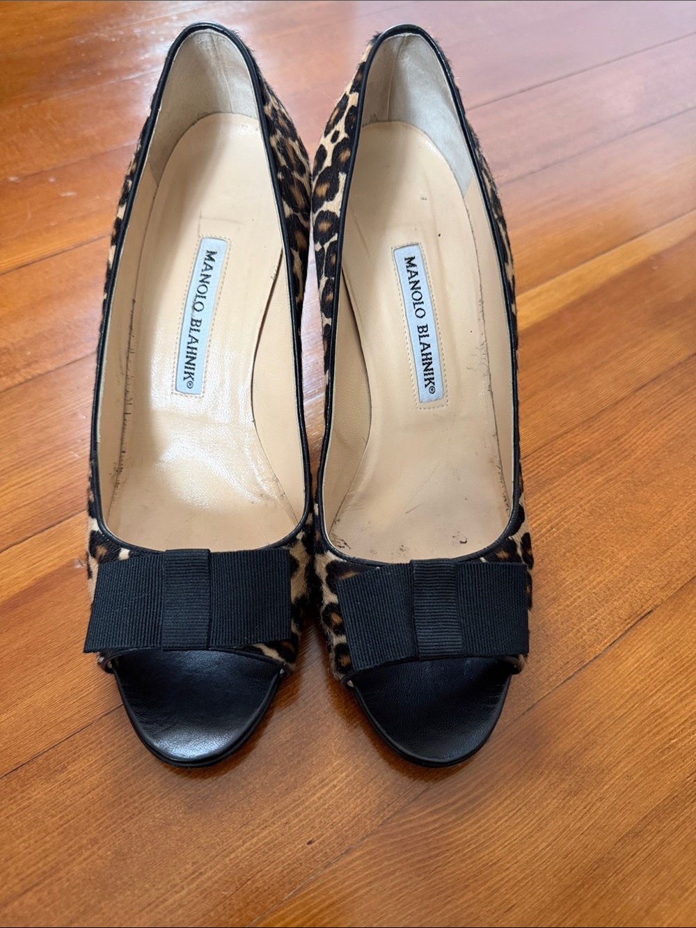 Manolo Blahnik Leopard-Print Peep-Toe Pumps with Black Bow
